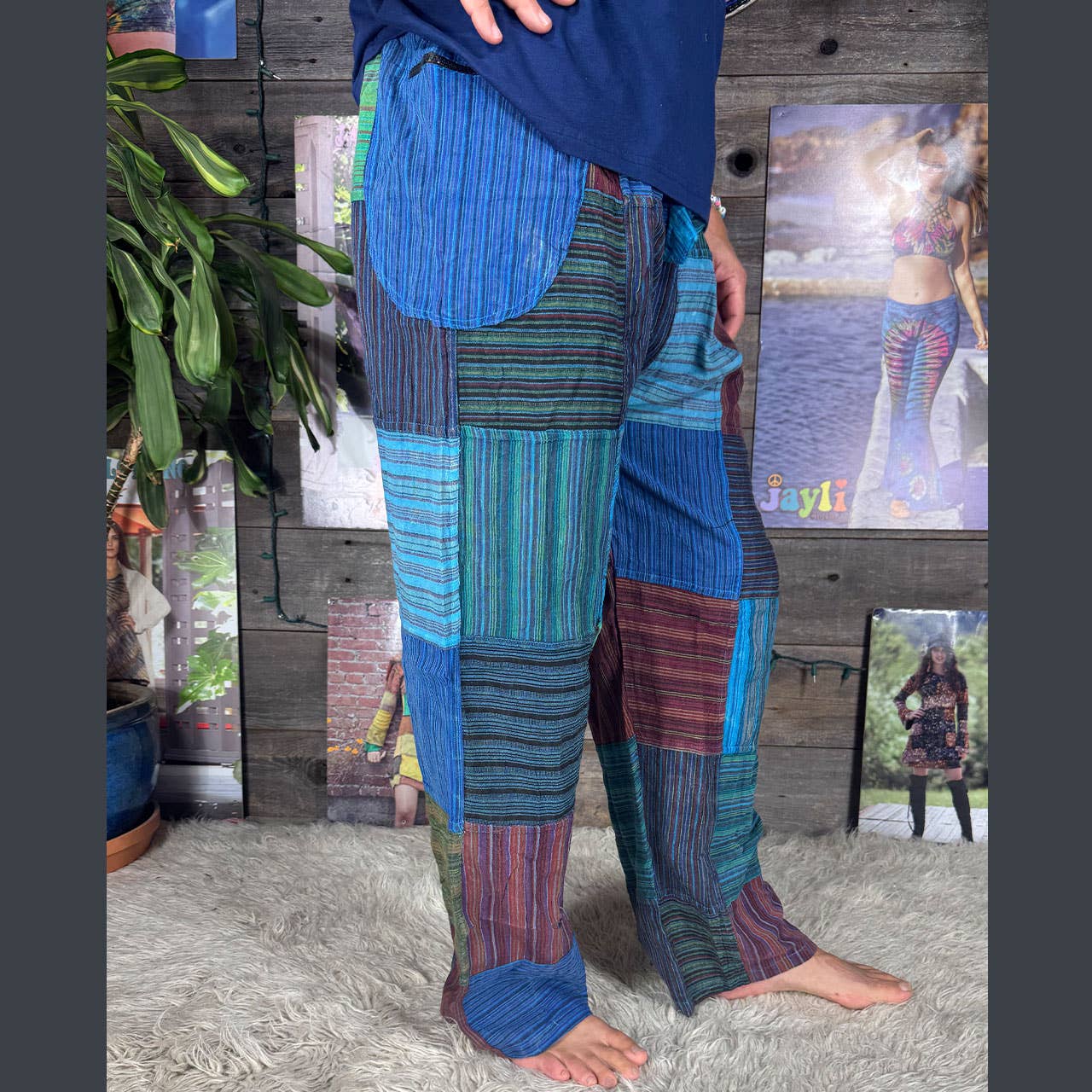 Striped Patchwork Zipper Pocket Pants Elastic Waist Hippie