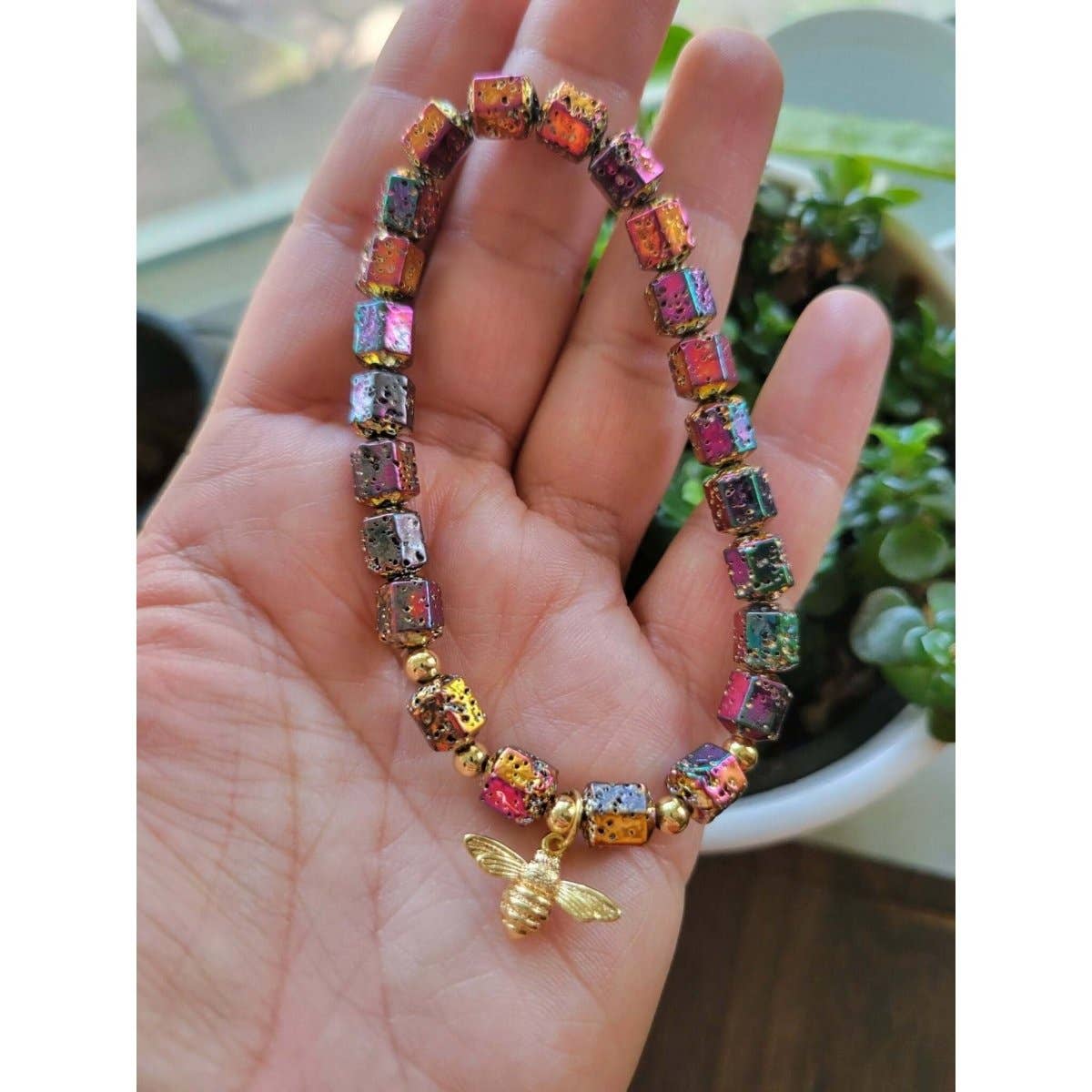 Natural Lava Rock Hexagon Beads Stretch Bracelets, Bee Shape