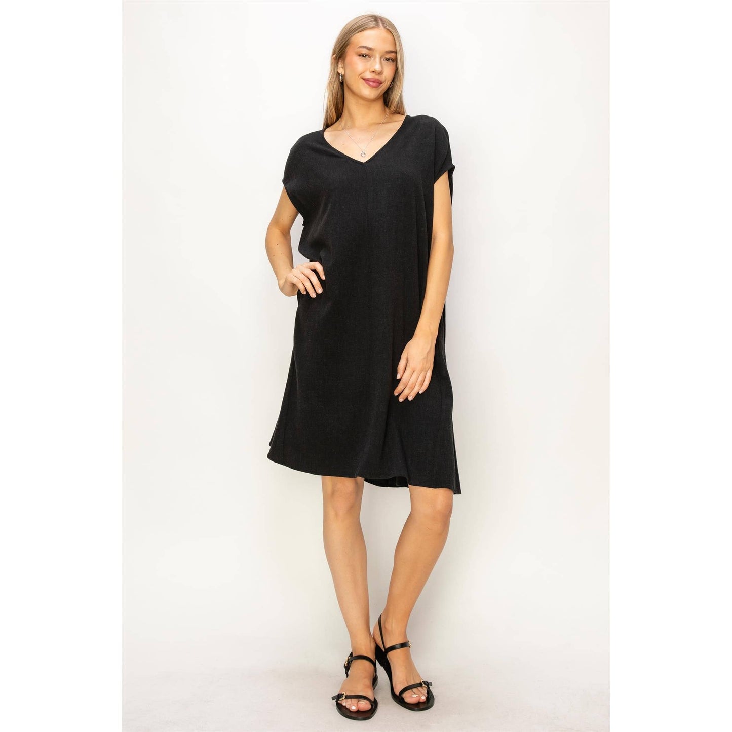 V-Neck Oversized Linen Midi Dress