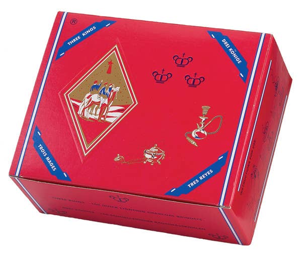 Red box with intricate designs and text on a white background