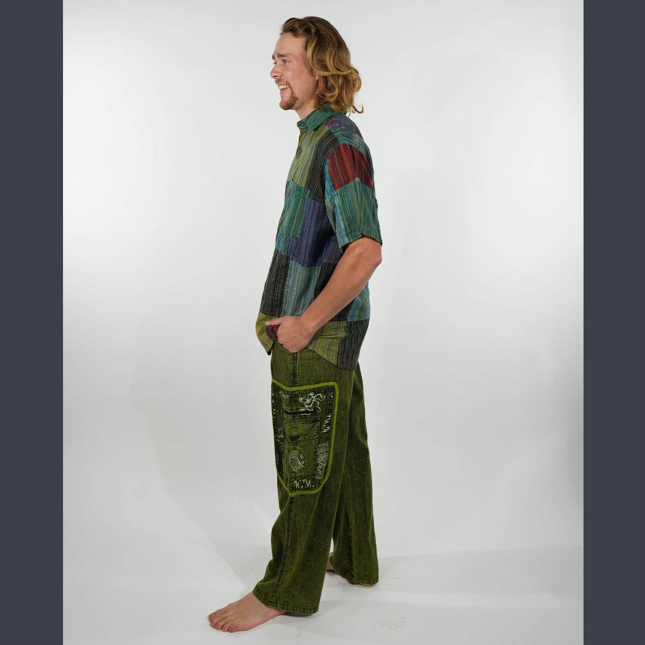 Nepali Striped Patchwork Over Dyed Cotton Button-Up Shirt