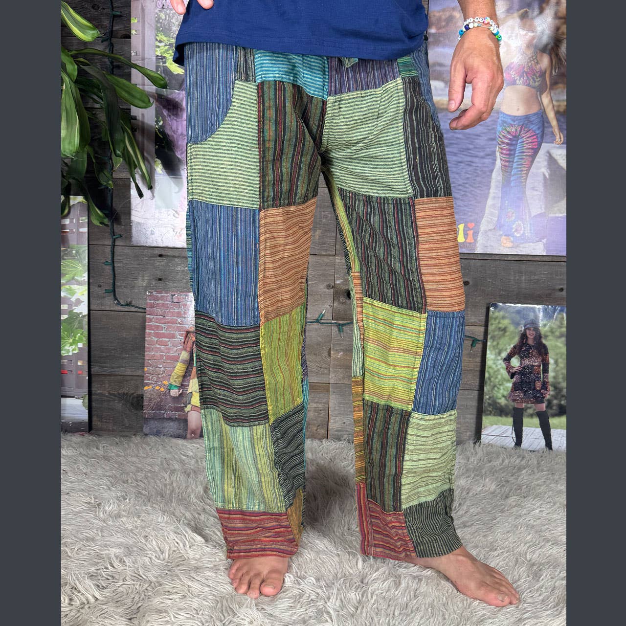Striped Patchwork Zipper Pocket Pants Elastic Waist Hippie