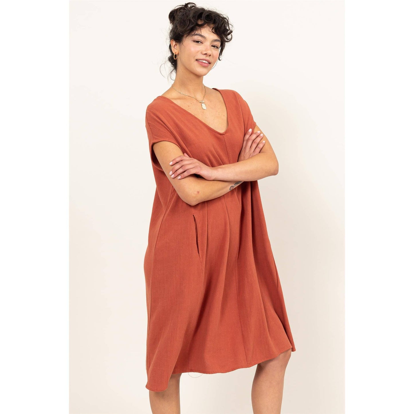 V-Neck Oversized Linen Midi Dress