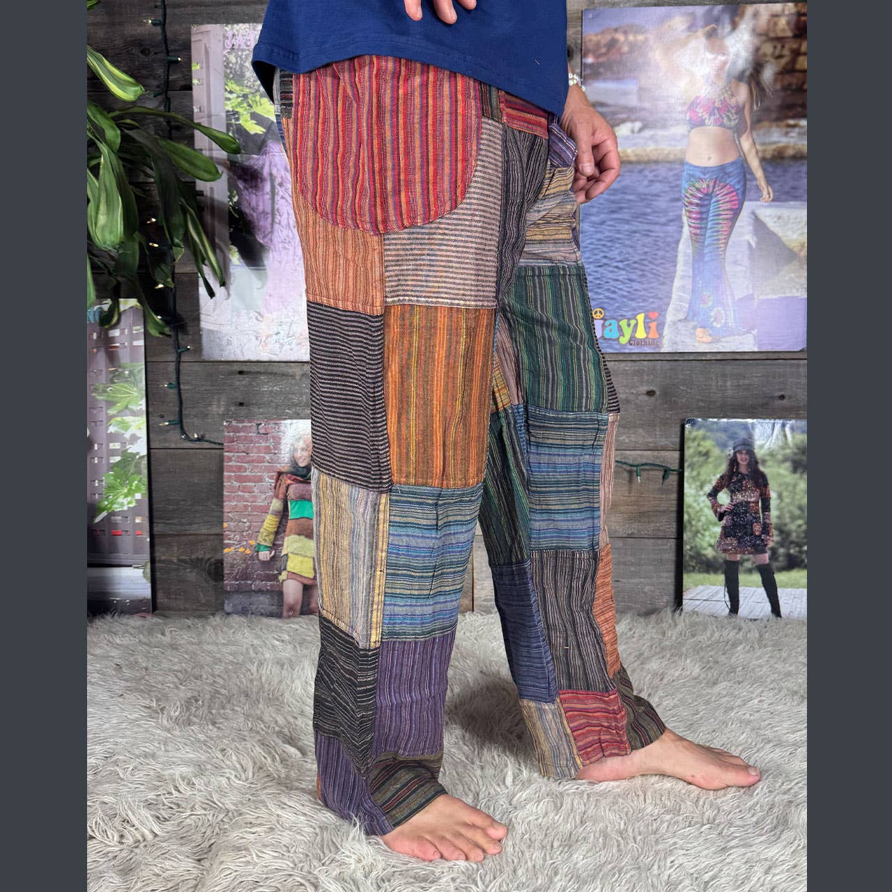 Striped Patchwork Zipper Pocket Pants Elastic Waist Hippie