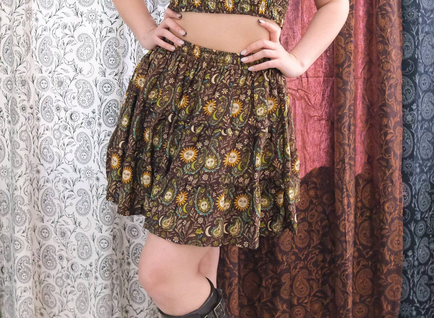 Boho Celestial Paisley Mini Skirt with Pockets