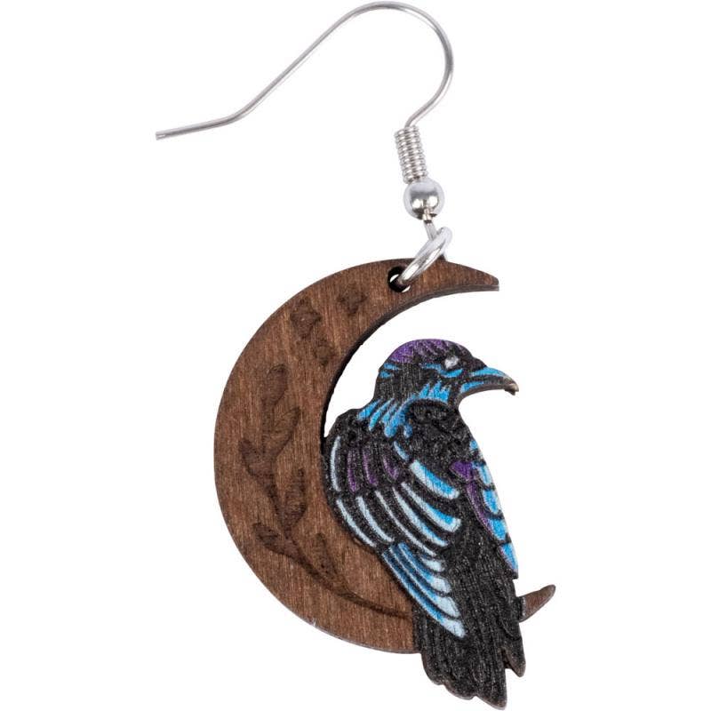 RAVEN ON THE MOON WOOD EARRINGS