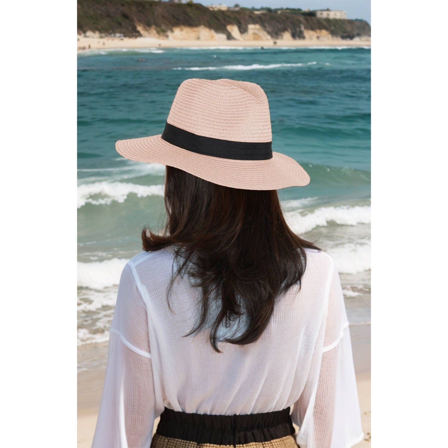 Wide Brim Straw Fedora Sun Hat Black Band Panama UV Hat
