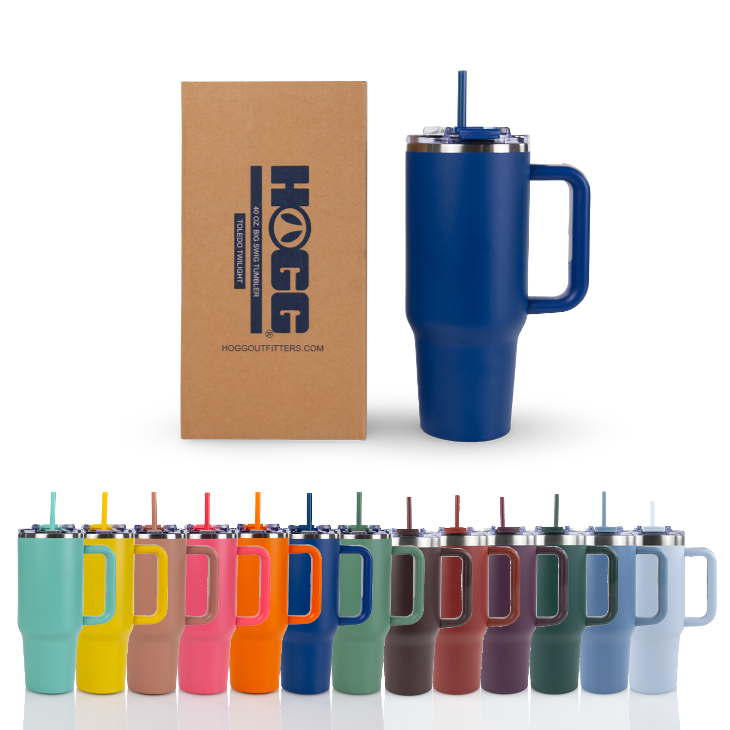 Blue insulated tumbler with handle and straw, HOGG Outfitters box, and row of tumblers in various colors on a white background.