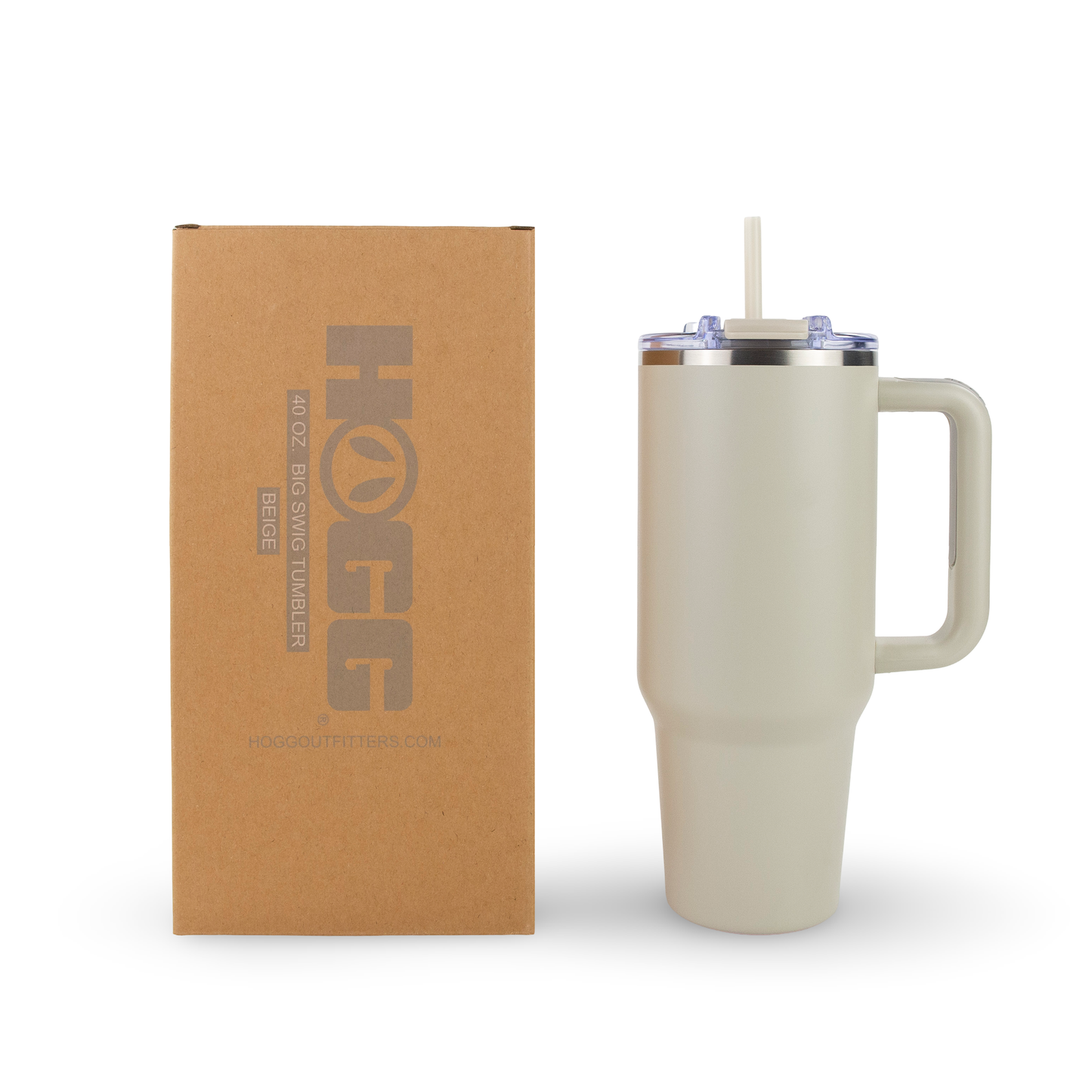 Beige mug with handle and straw next to a brown box labeled 'HOGG' on a white background