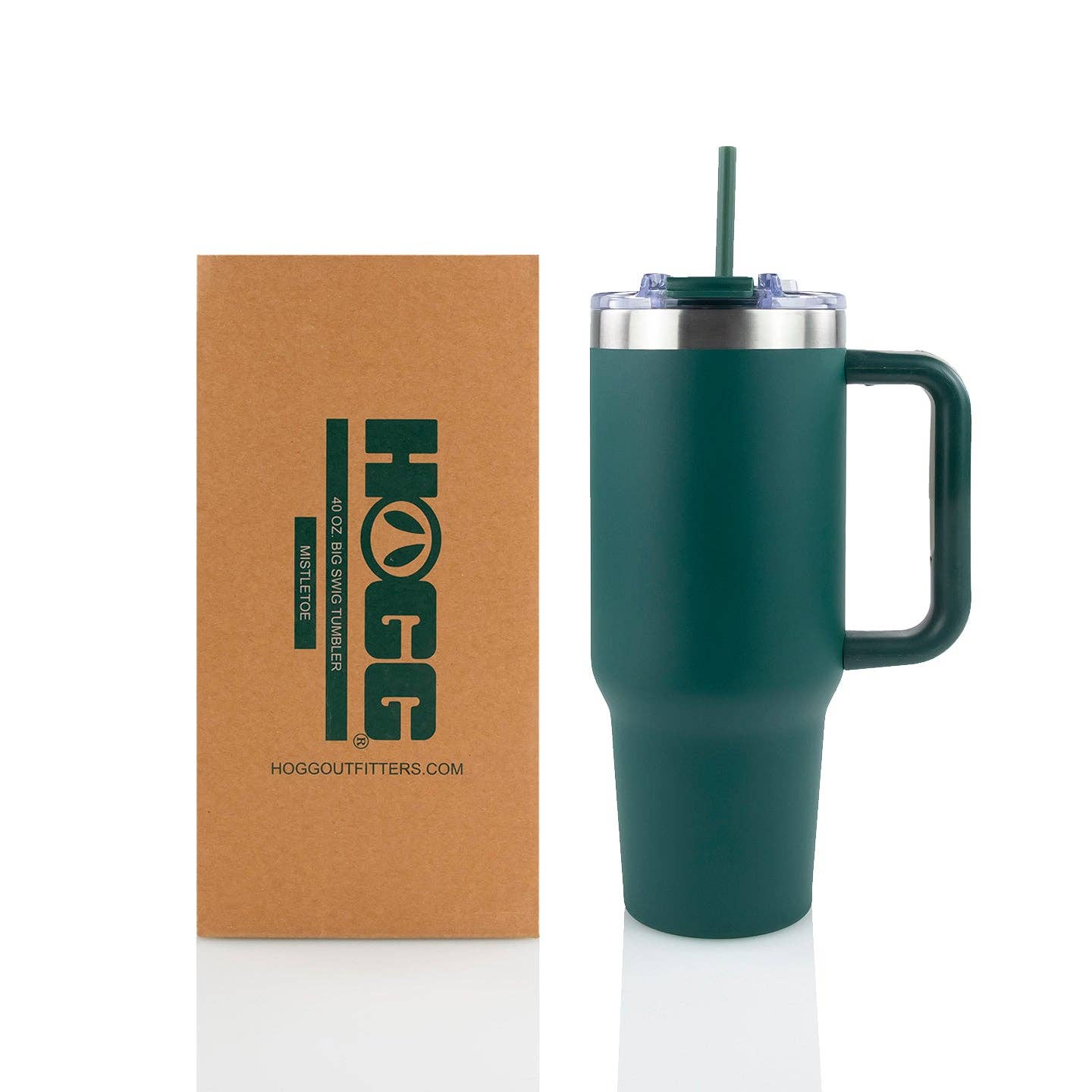 Green insulated mug with handle and straw lid next to a brown box with 'Hogoutfitters' branding.