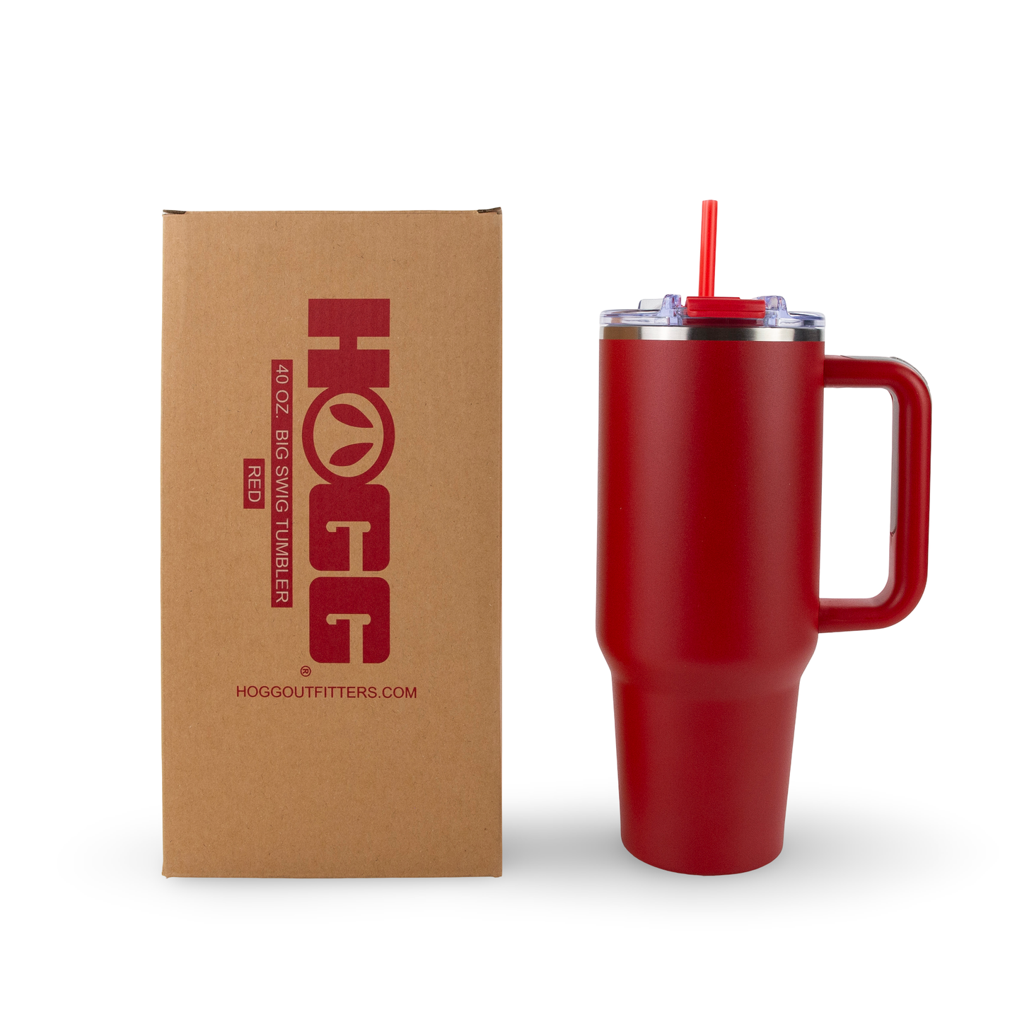 Red travel mug with handle and straw next to a brown box with 'HOGG' branding on a white background.