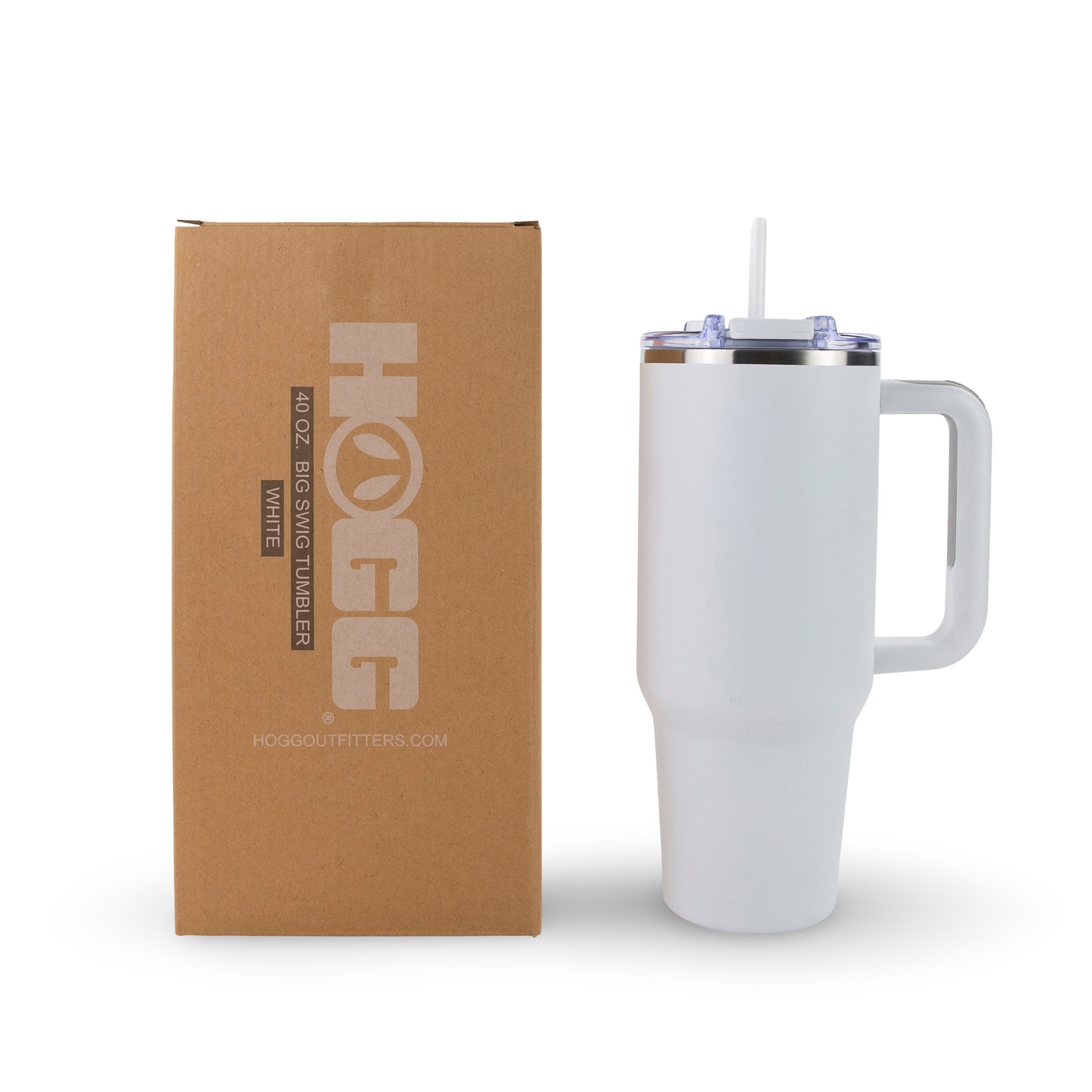 White mug with handle and straw next to a brown box labeled 'HOGG Outfitters' on a white background