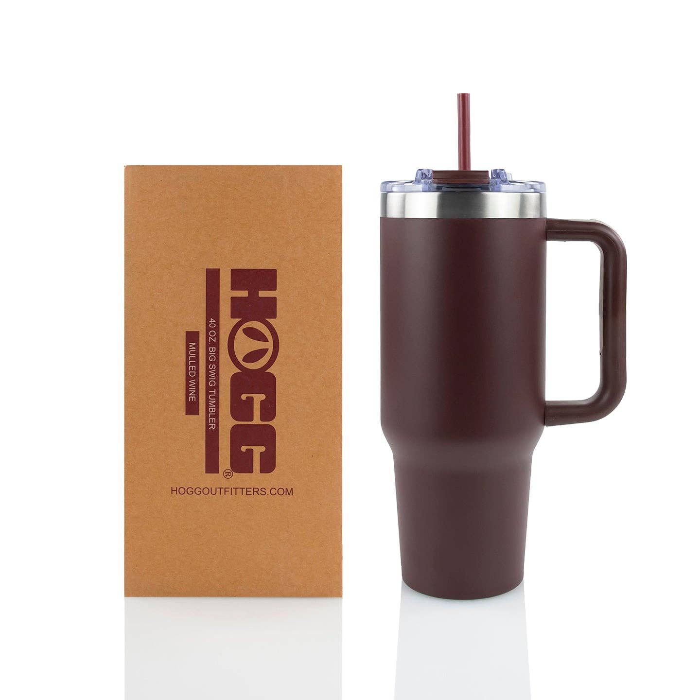 Brown insulated mug with handle and straw lid next to a brown box with 'Hogg Outfitters' branding.