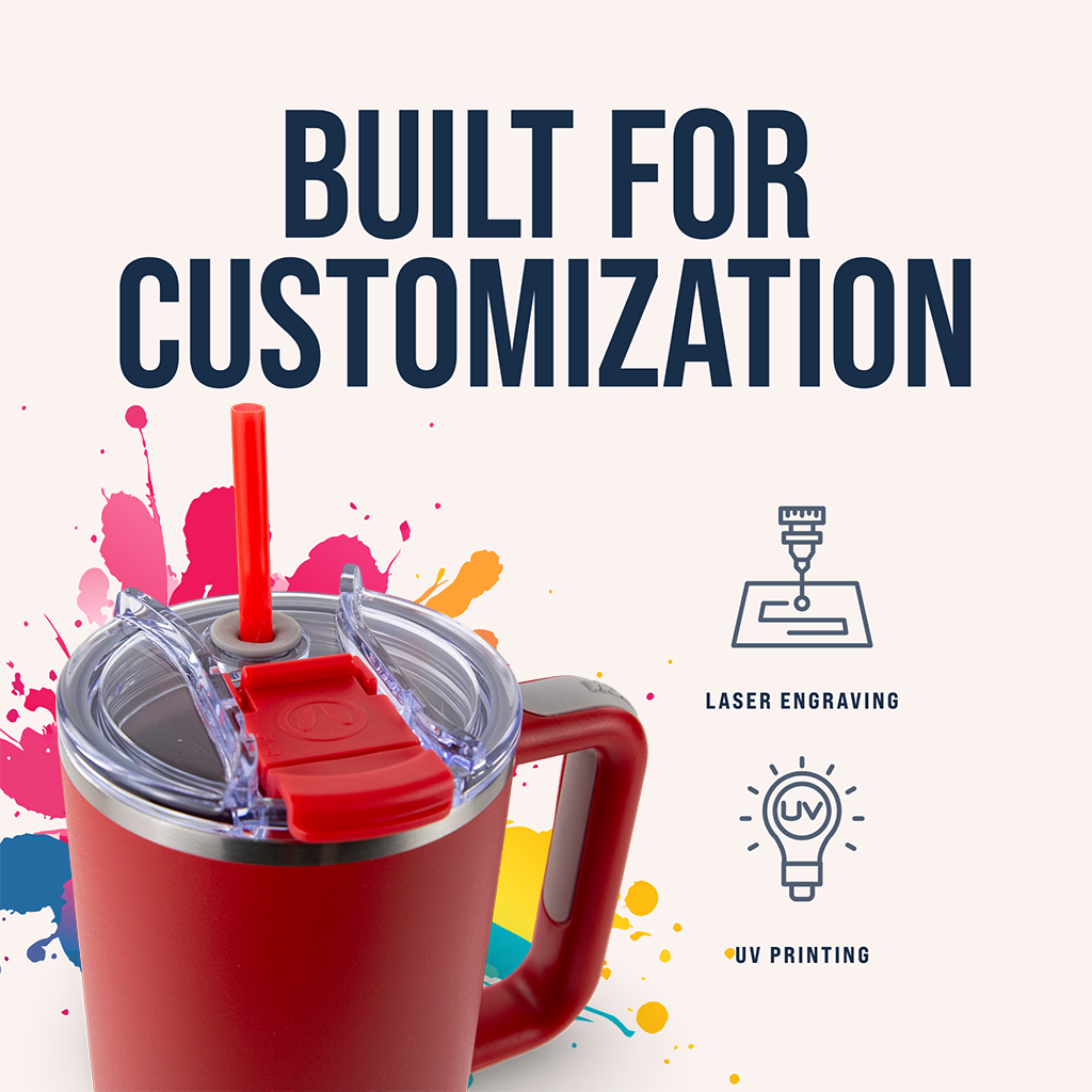 Red mug with a lid and straw on a colorful splatter background with text 'Built for Customization' and graphics of laser engraving and UV printing.