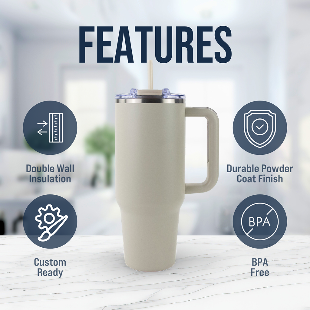 Beige tumbler with features listed on a blurred background