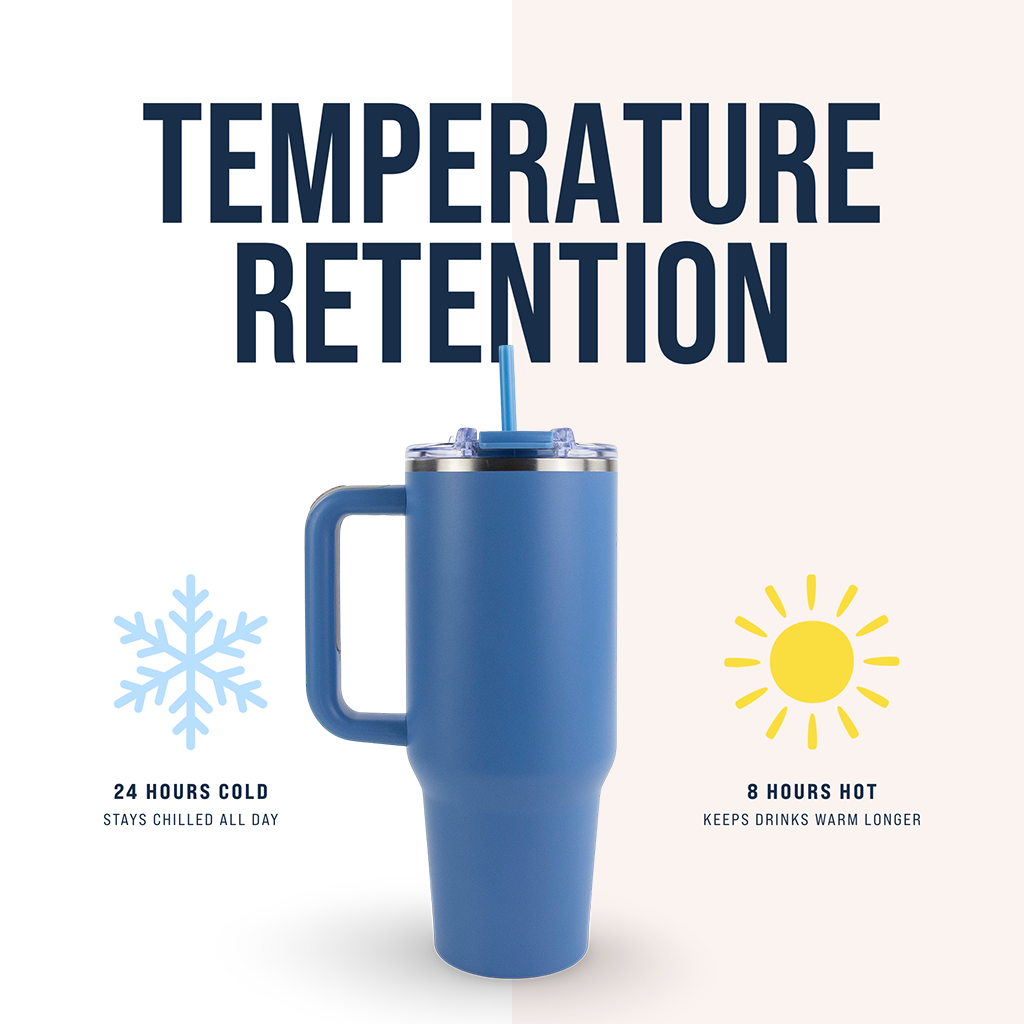 Blue insulated mug with temperature retention features on a white background