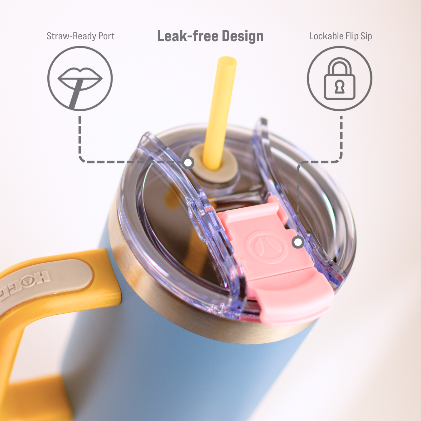 Close-up of a tumbler with a straw, lid, and handle on a light background