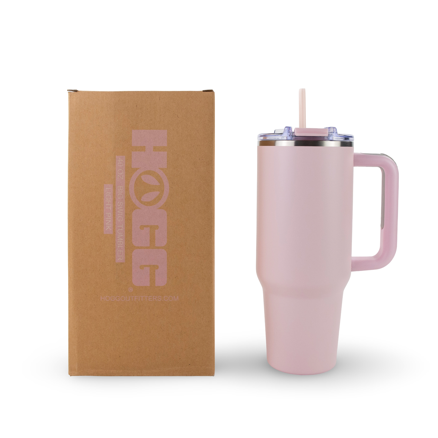Pink travel mug with handle and straw next to a brown box with 'HOGG' branding on a white background
