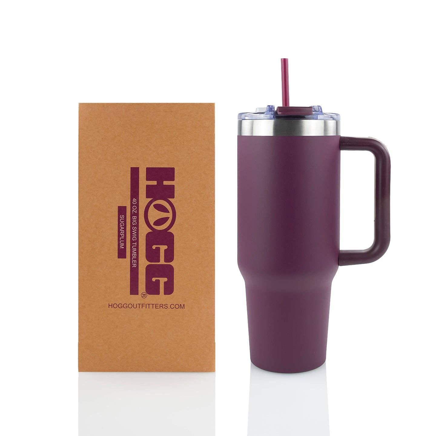 Purple insulated mug with handle and straw, next to a brown box with 'HOGG' branding.