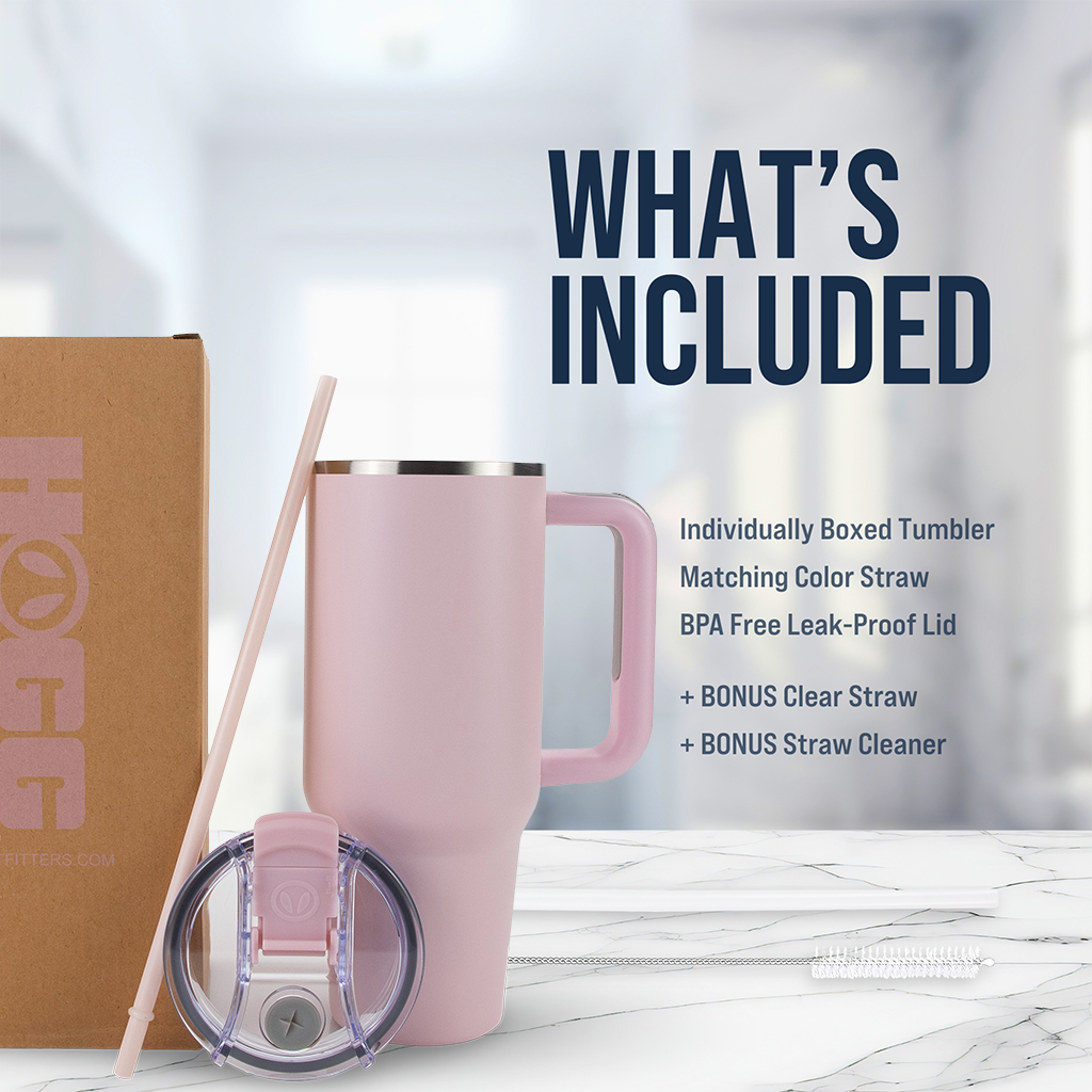 Pink tumbler with accessories on a marble surface, featuring text about included items.