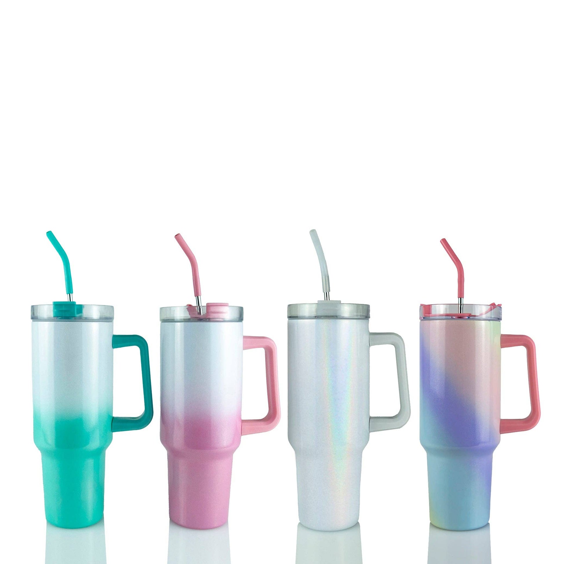 Four gradient tumblers with handles and straws on a white background