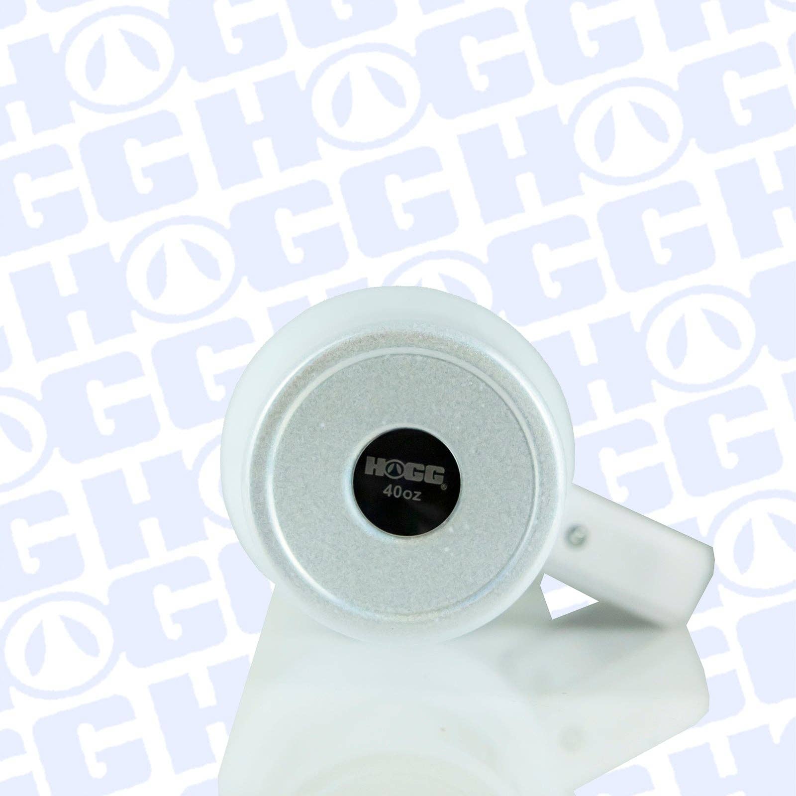White mug with 'HOOG' branding on a light purple background with 'HOOG' pattern