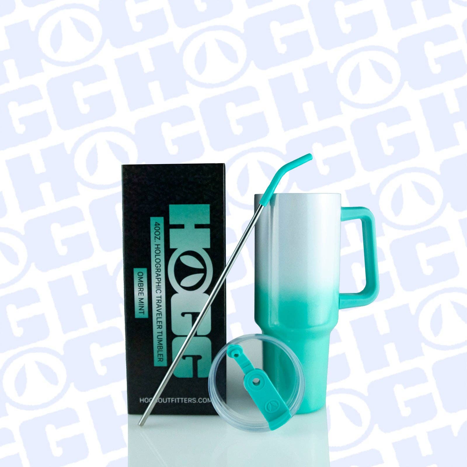 Turquoise tumbler with handle, straw, and lid on a light blue background with 'HOG' branding.