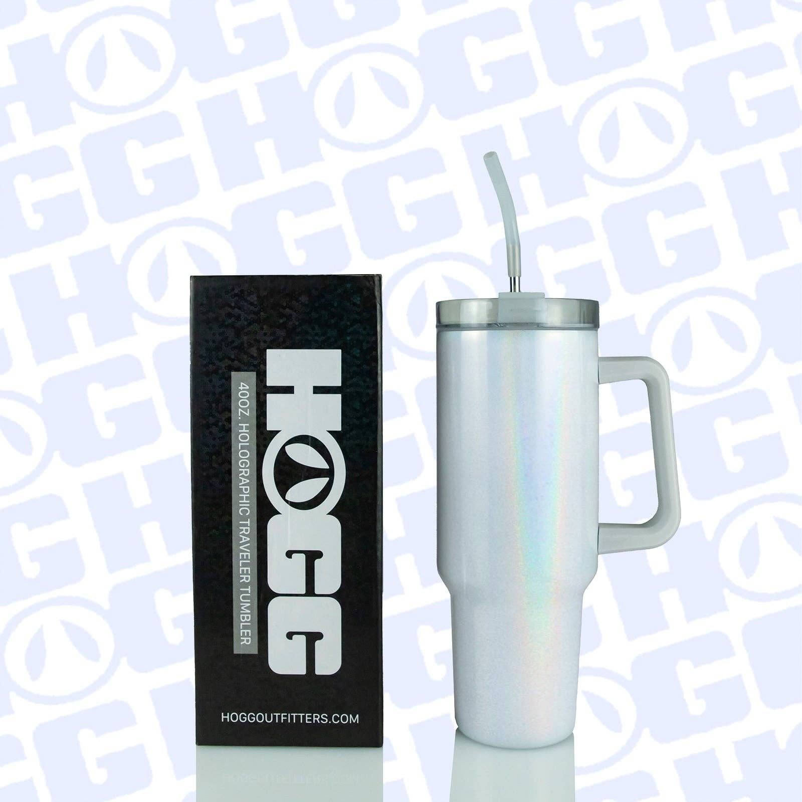 Silver tumbler with handle and straw next to a black box with 'HOGG' branding on a light blue background.