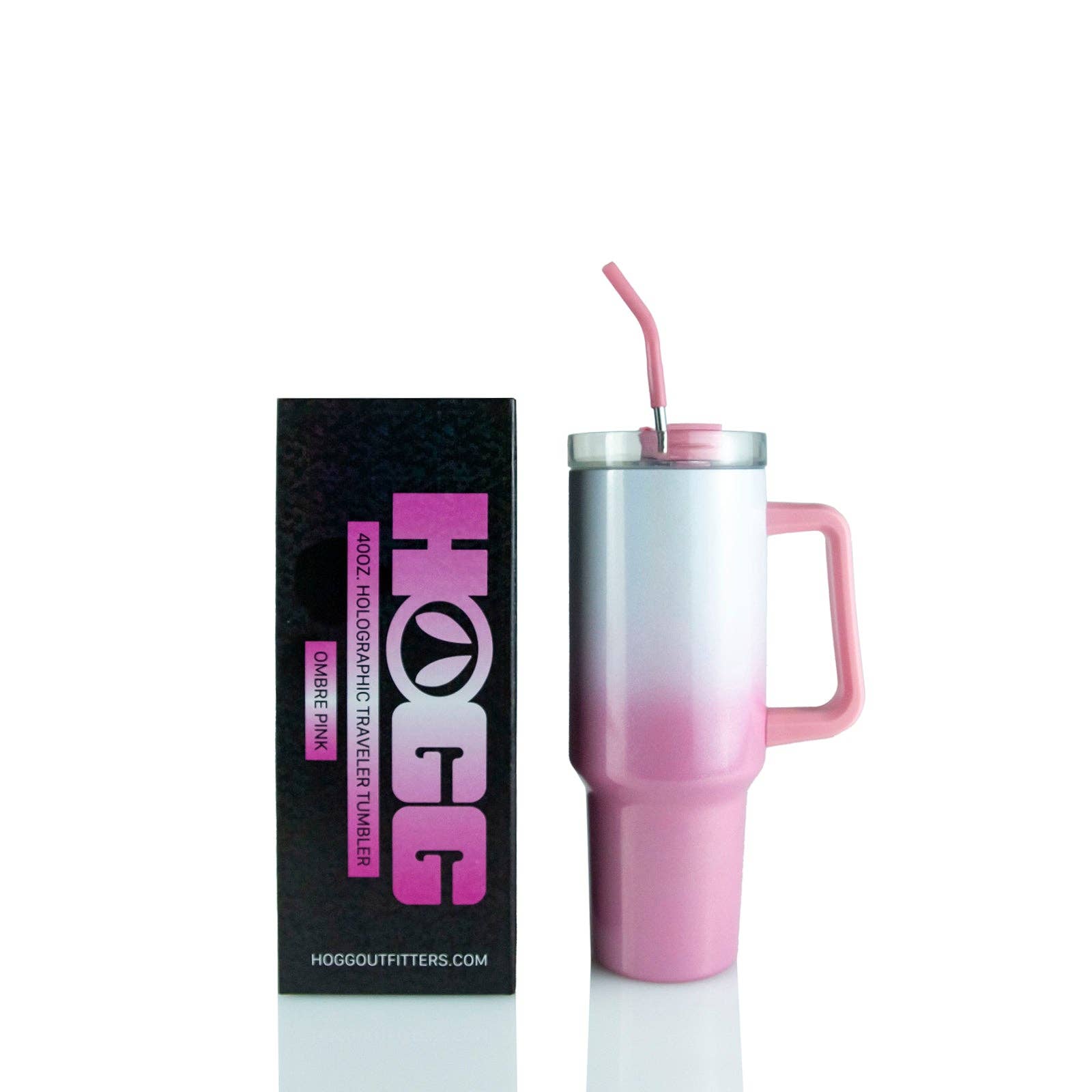 Pink tumbler with handle and straw next to a black box with pink text on a white background