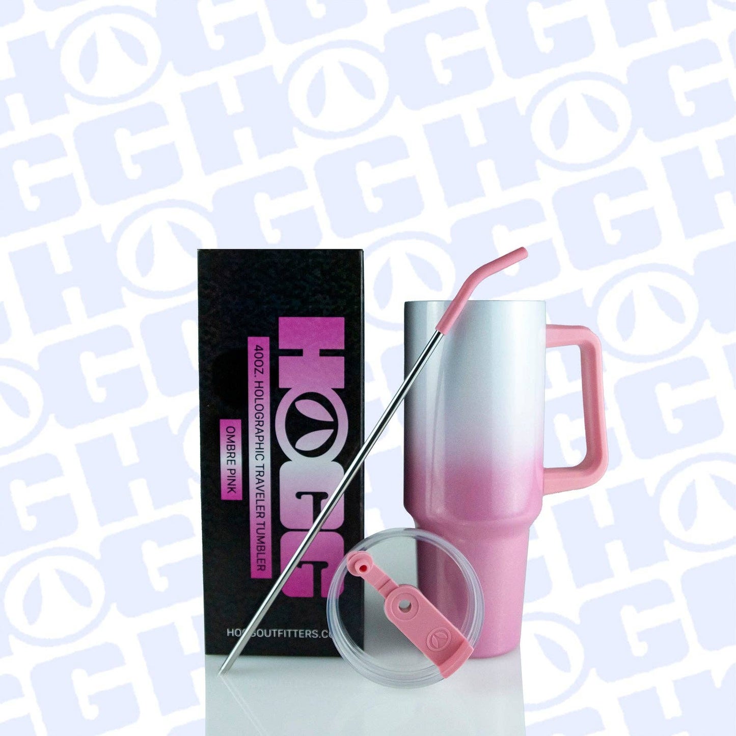 Pink tumbler with handle, straw, and lid on a white background with 'HOT' pattern.