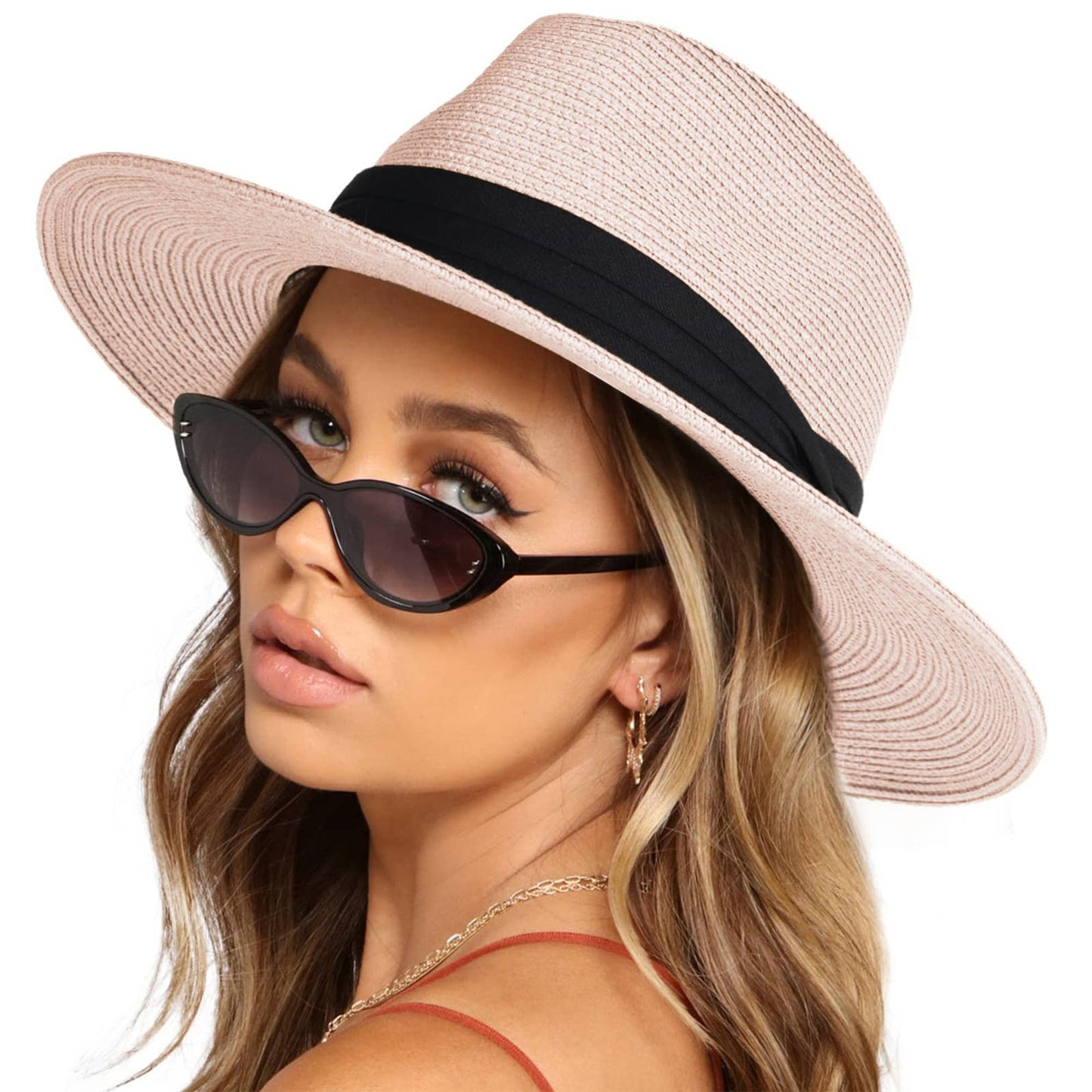 Wide Brim Straw Fedora Sun Hat Black Band Panama UV Hat