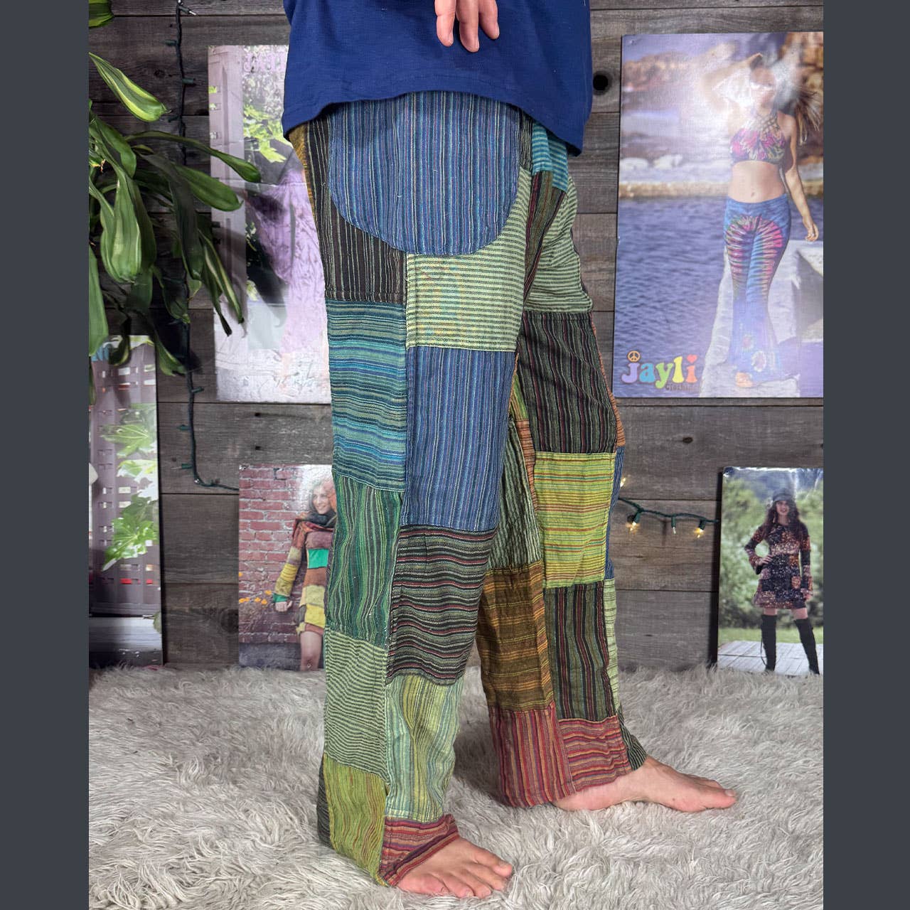 Striped Patchwork Zipper Pocket Pants Elastic Waist Hippie