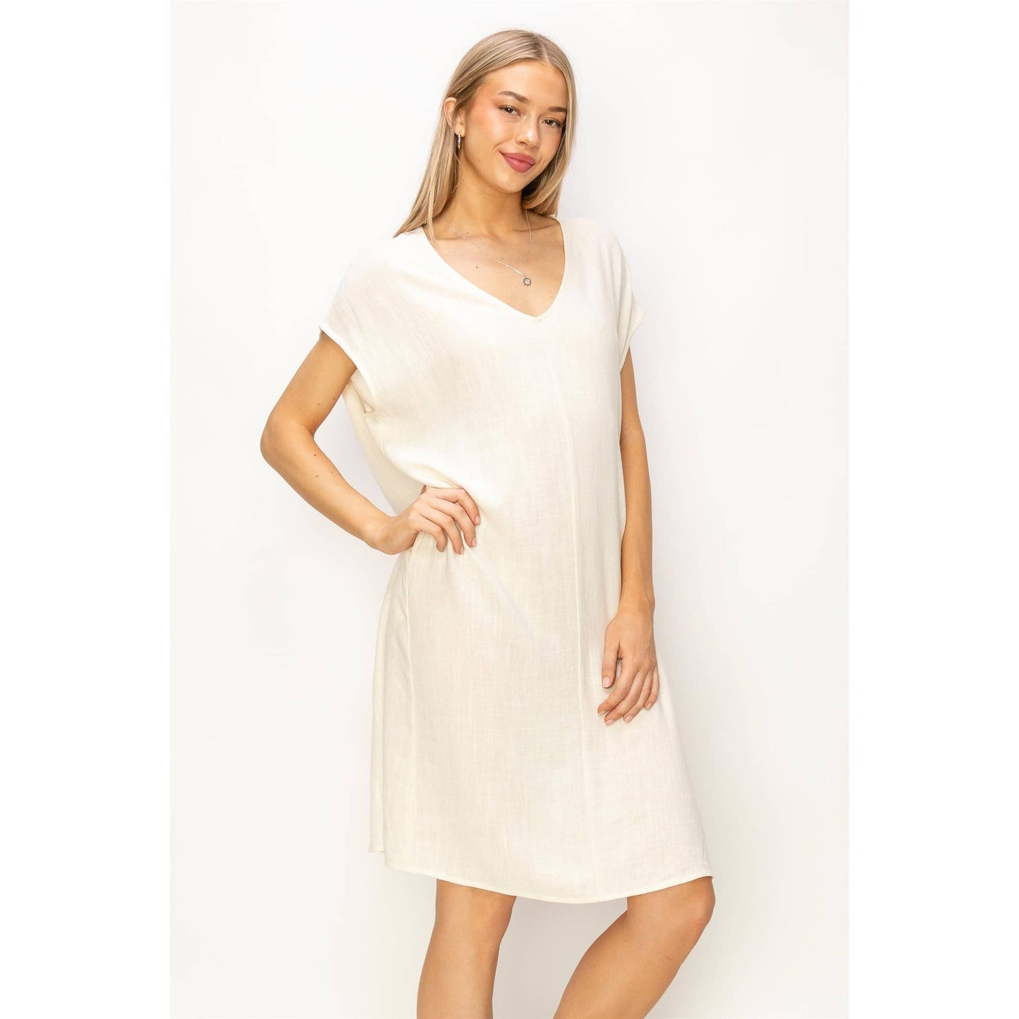 V-Neck Oversized Linen Midi Dress