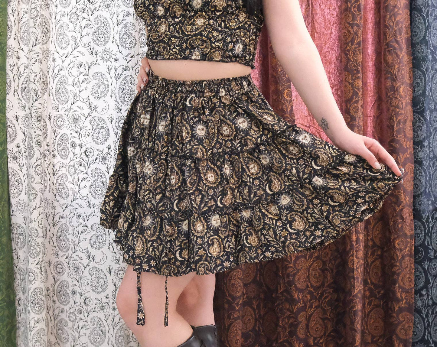 Boho Celestial Paisley Mini Skirt with Pockets