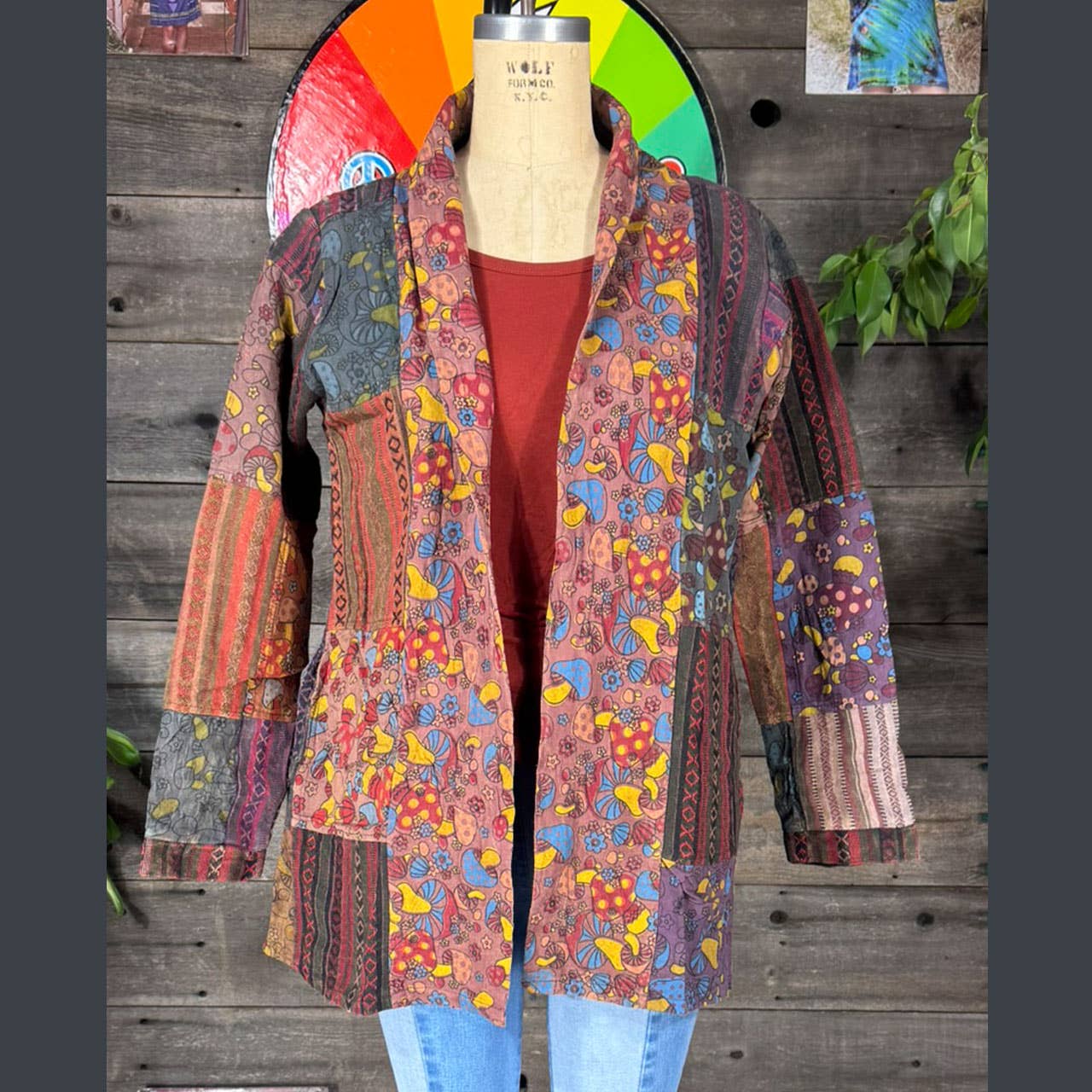 Mushroom Print Heavy Cotton Patchwork Kimono Jacket