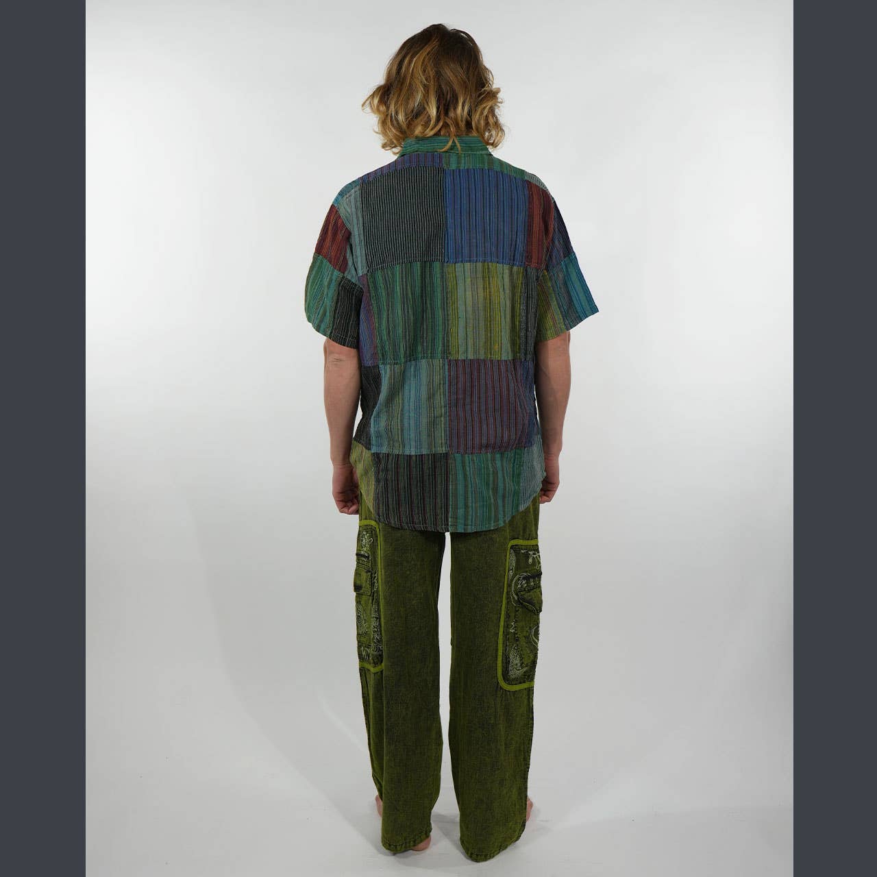 Nepali Striped Patchwork Over Dyed Cotton Button-Up Shirt