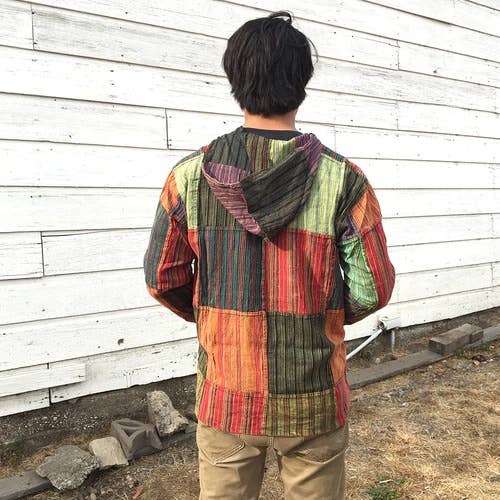 Hippie Cotton Patchwork Hoodie With Front Pocket & Stonewash