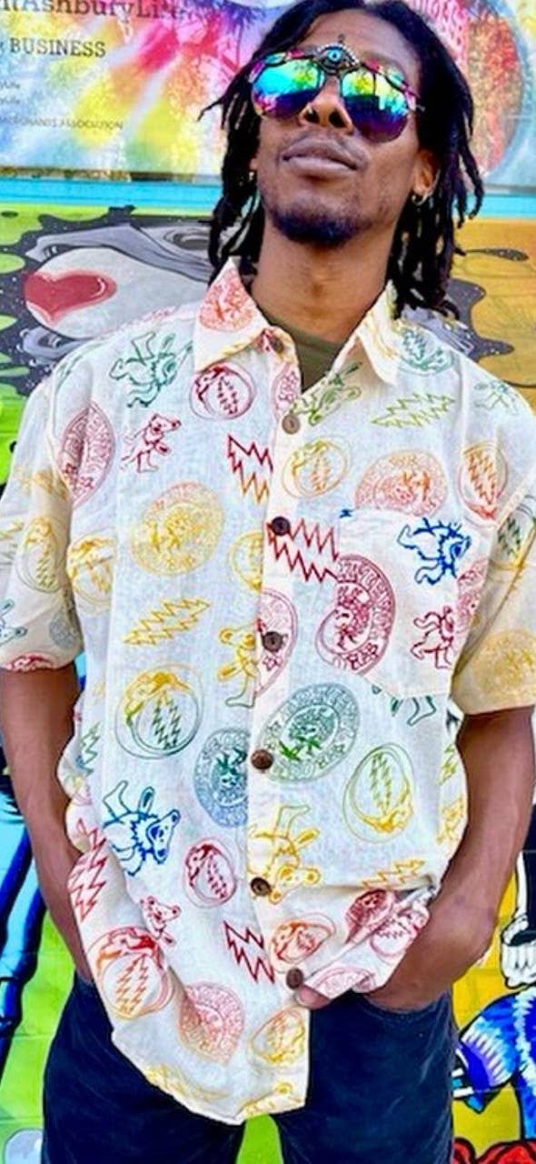 Grateful Dead Short Sleeve Button Up Shirt Multi GD Print