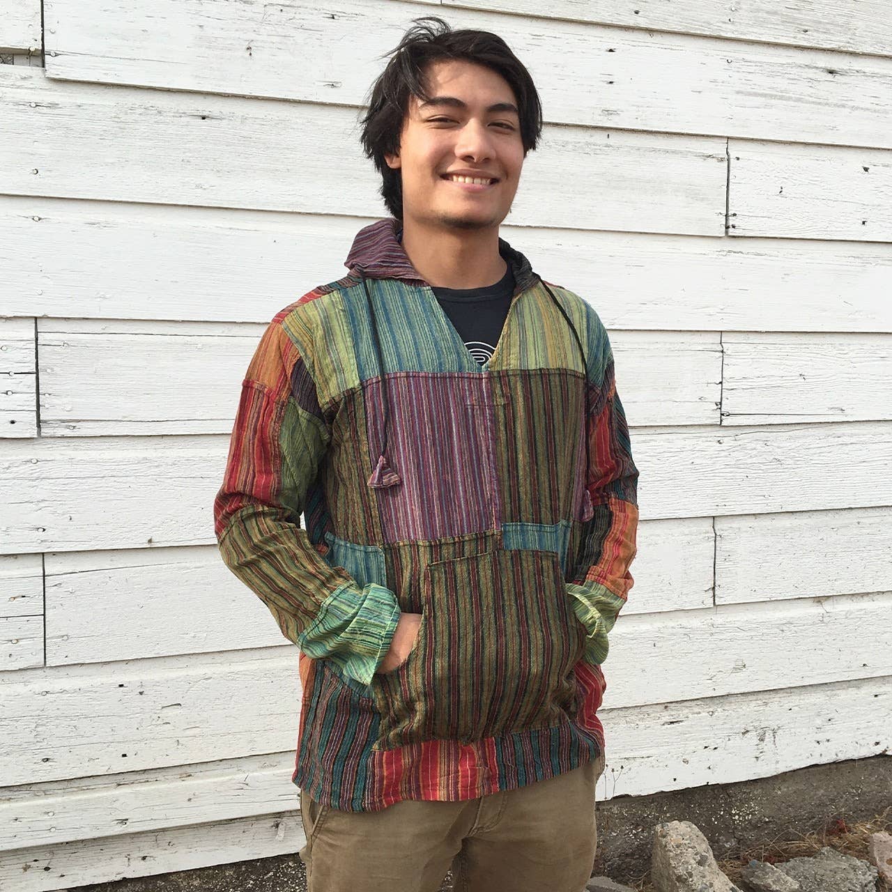 Hippie Cotton Patchwork Hoodie With Front Pocket & Stonewash