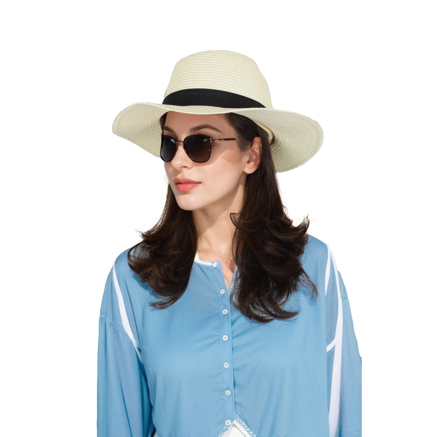 Wide Brim Straw Fedora Sun Hat Black Band Panama UV Hat