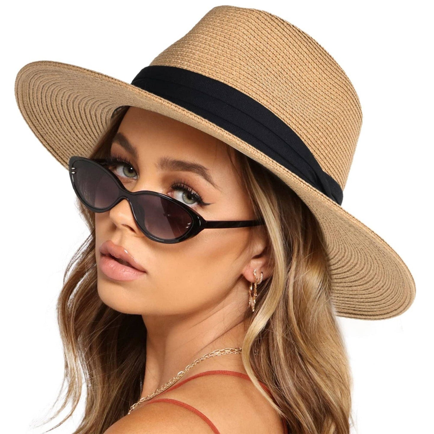 Wide Brim Straw Fedora Sun Hat Black Band Panama UV Hat