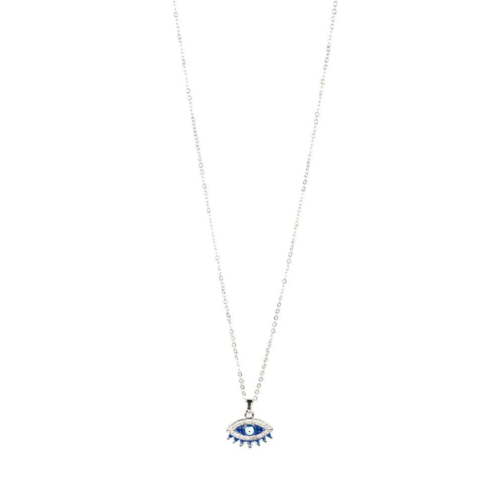 SILVER EVIL EYE CHARM NECKLACE WITH RHINESTONES