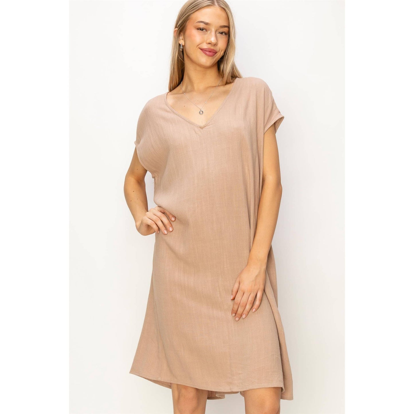 V-Neck Oversized Linen Midi Dress