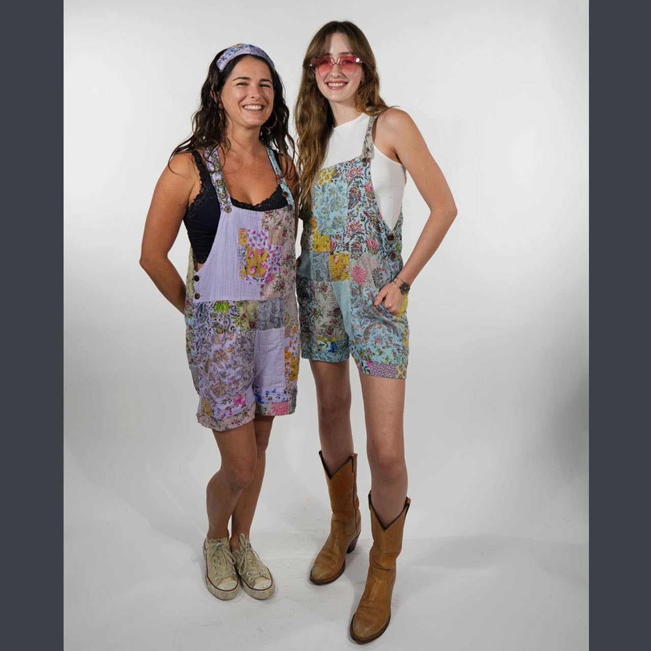 Hippie Boho Cotton Floral Patchwork 5-Pocket Shorts Overalls