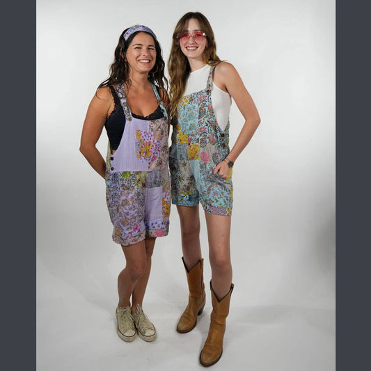 Hippie Boho Cotton Floral Patchwork 5-Pocket Shorts Overalls
