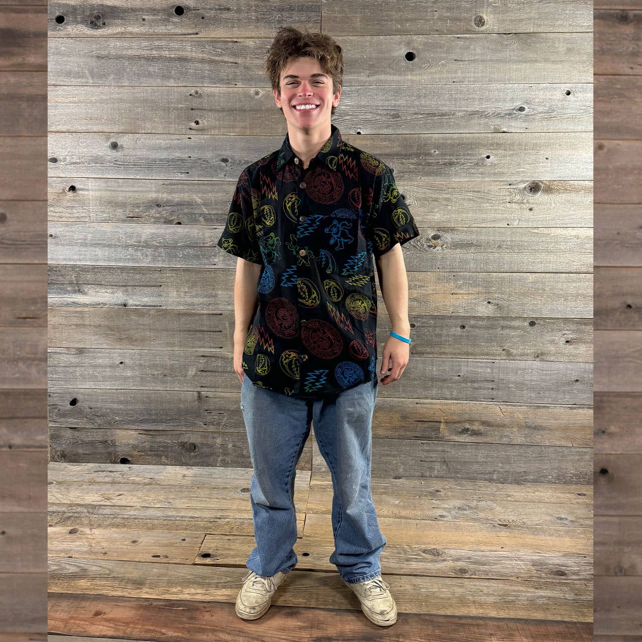 Grateful Dead Short Sleeve Button Up Shirt Multi GD Print