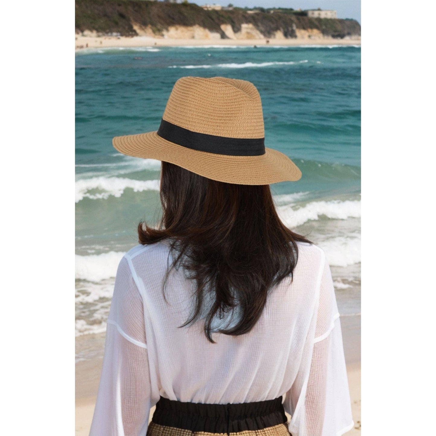 Wide Brim Straw Fedora Sun Hat Black Band Panama UV Hat