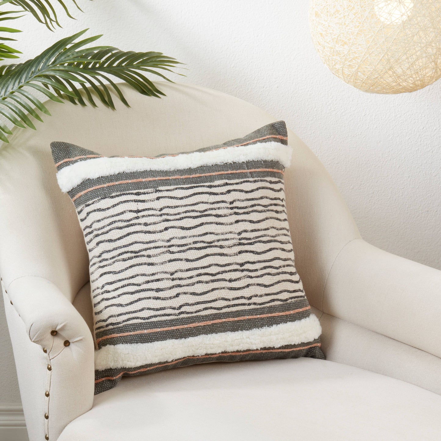 Stripe Printed and Embroidered Pillow