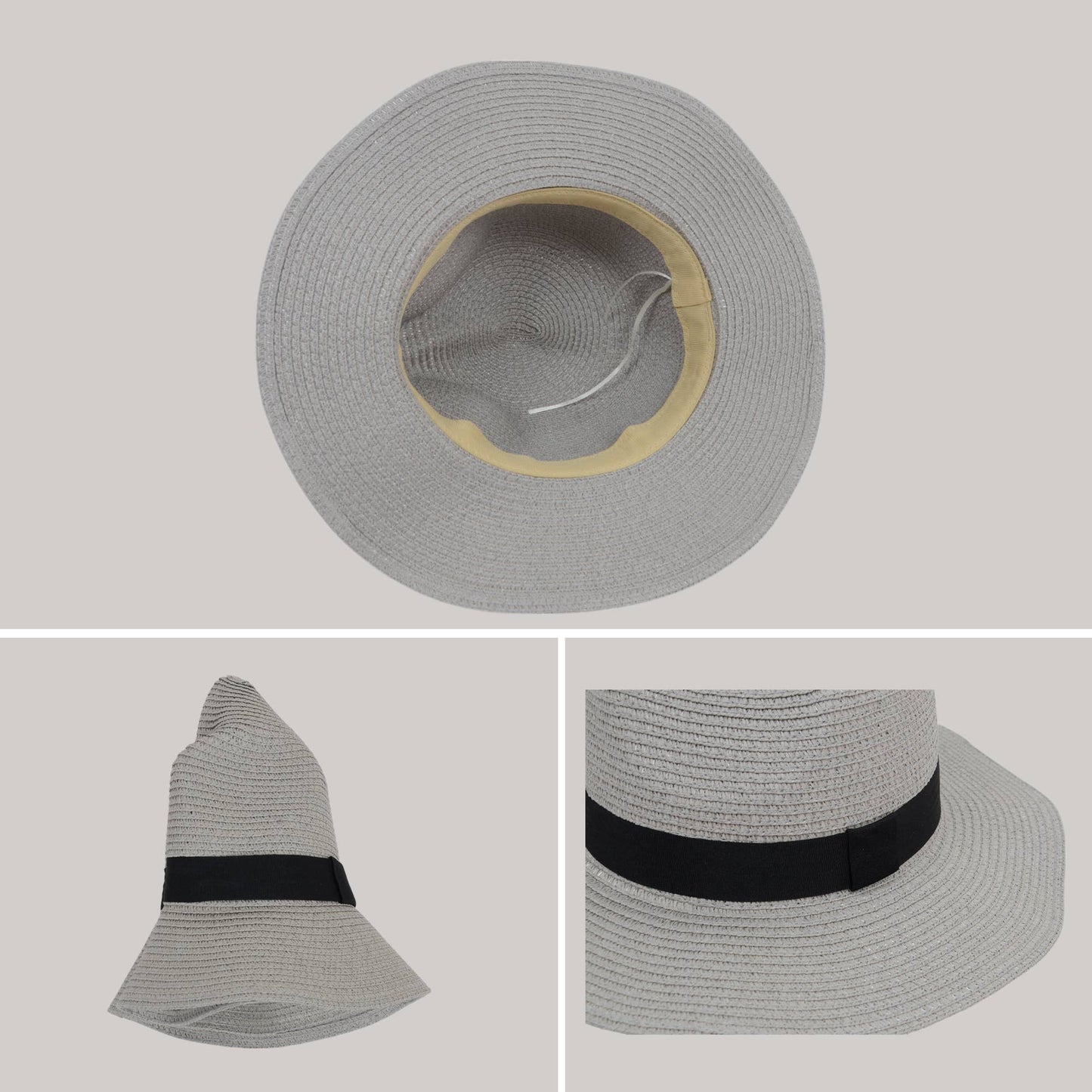 Wide Brim Straw Fedora Sun Hat Black Band Panama UV Hat