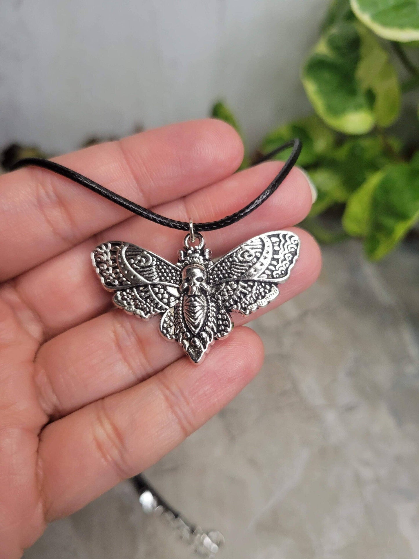 Skull Moth Pendant Necklace, Gothic Jewelry, Antique Silver,